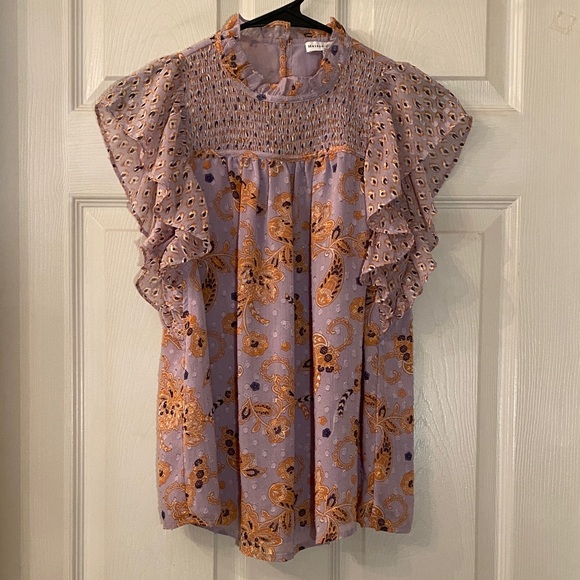 Elegant Purple and Orange Blouse with Ruffle Sleeves - Picture 3 of 12